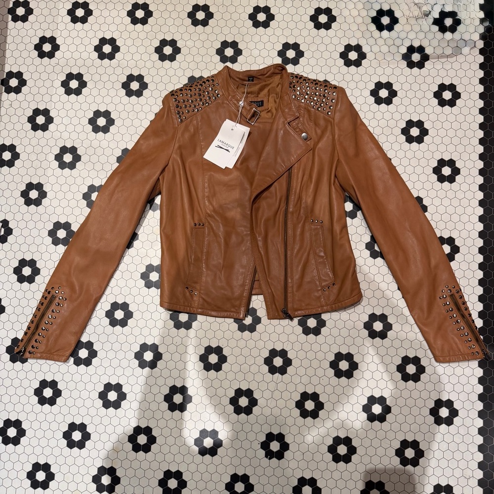 BNWT LAMARQUE Studded Brown Leather Moto Jacket